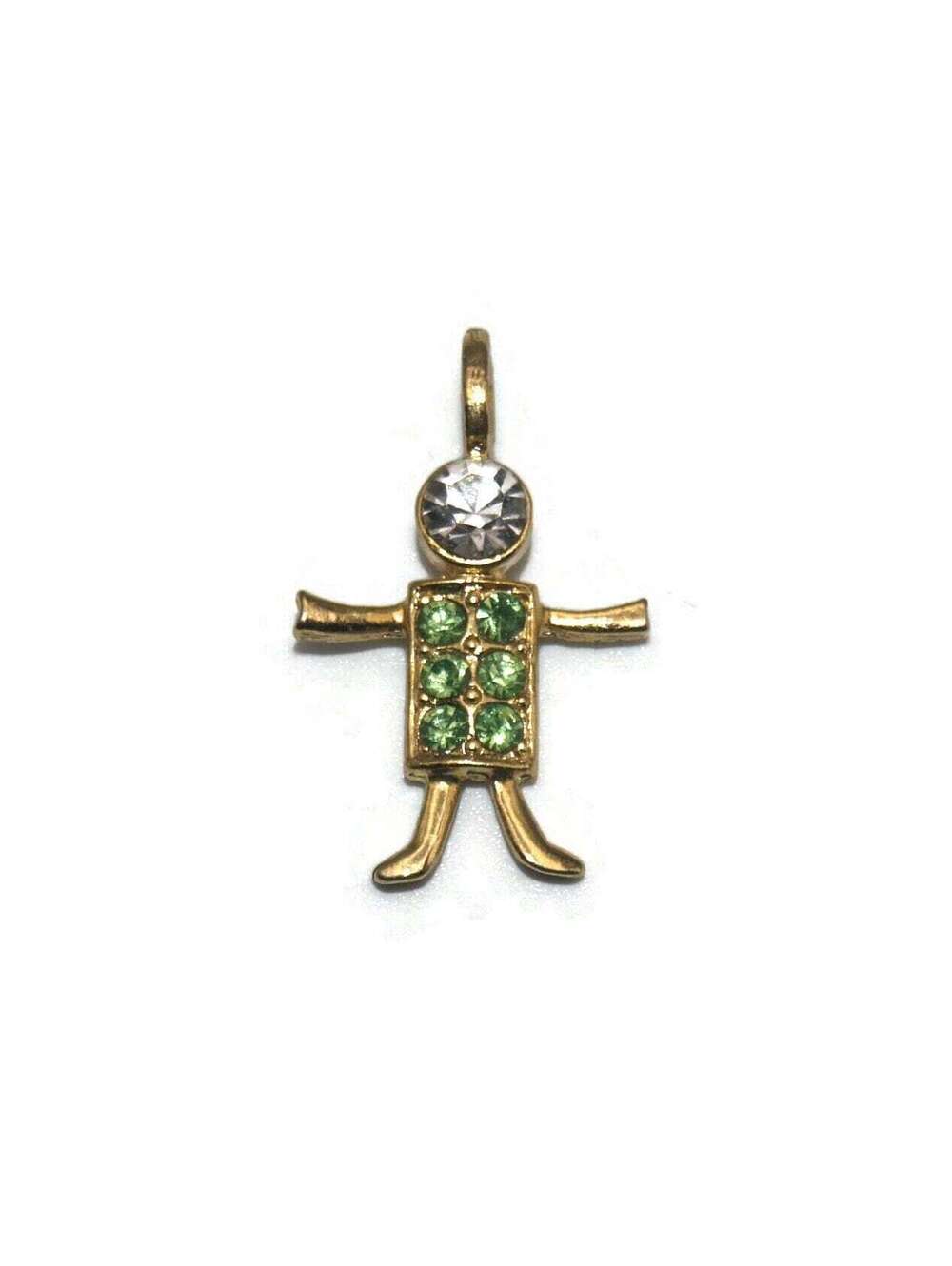 Vintage K.I.S. Gold Tone with Clear and Green Rhinestones Boy Pendant.